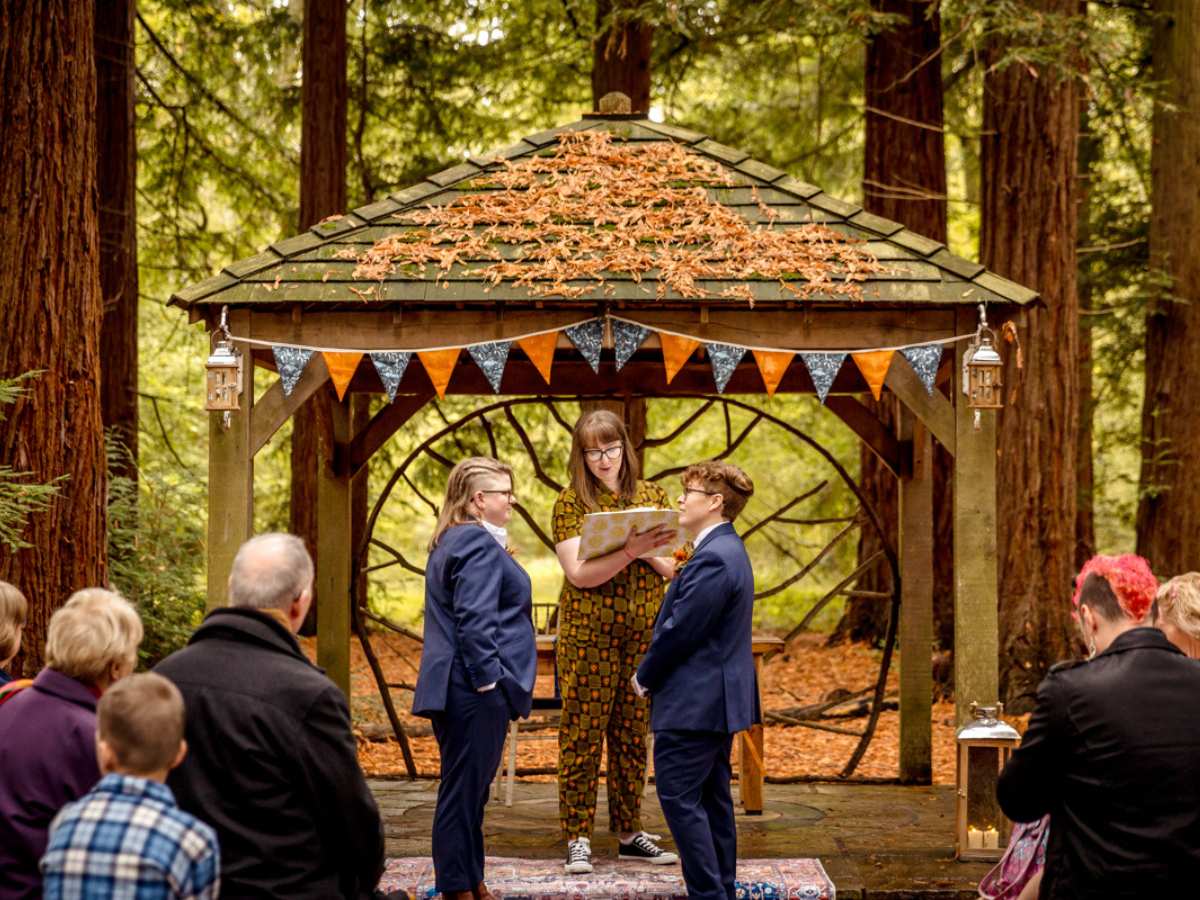 friends and family at a wedding for polyamorous A gazebo in a forest with autumn leaves on top. Blue and burnt orange bunting hangs from the front. There are two people getting married. They are wearing suits. We can see the backs of the heads of the guests