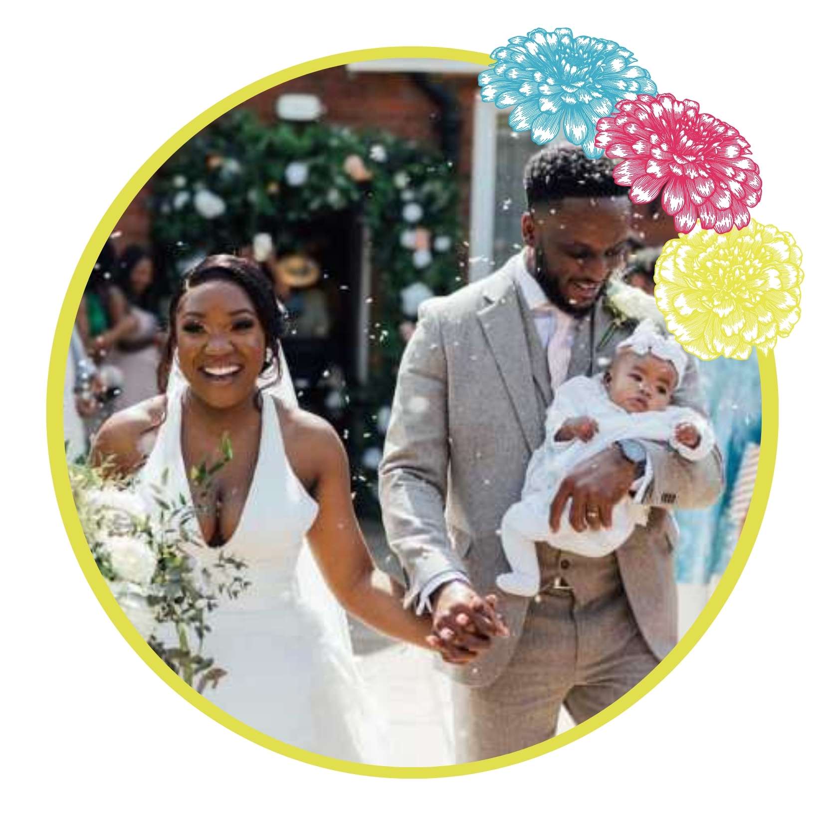 Black wedding couple with baby A heterosexual black couple coming out from their wedding ceremony holding hands. She is wearing a white halterneck wedding dress. He is tall and holding his little baby who is wearing a white bandana with a bow o it. There is confetti