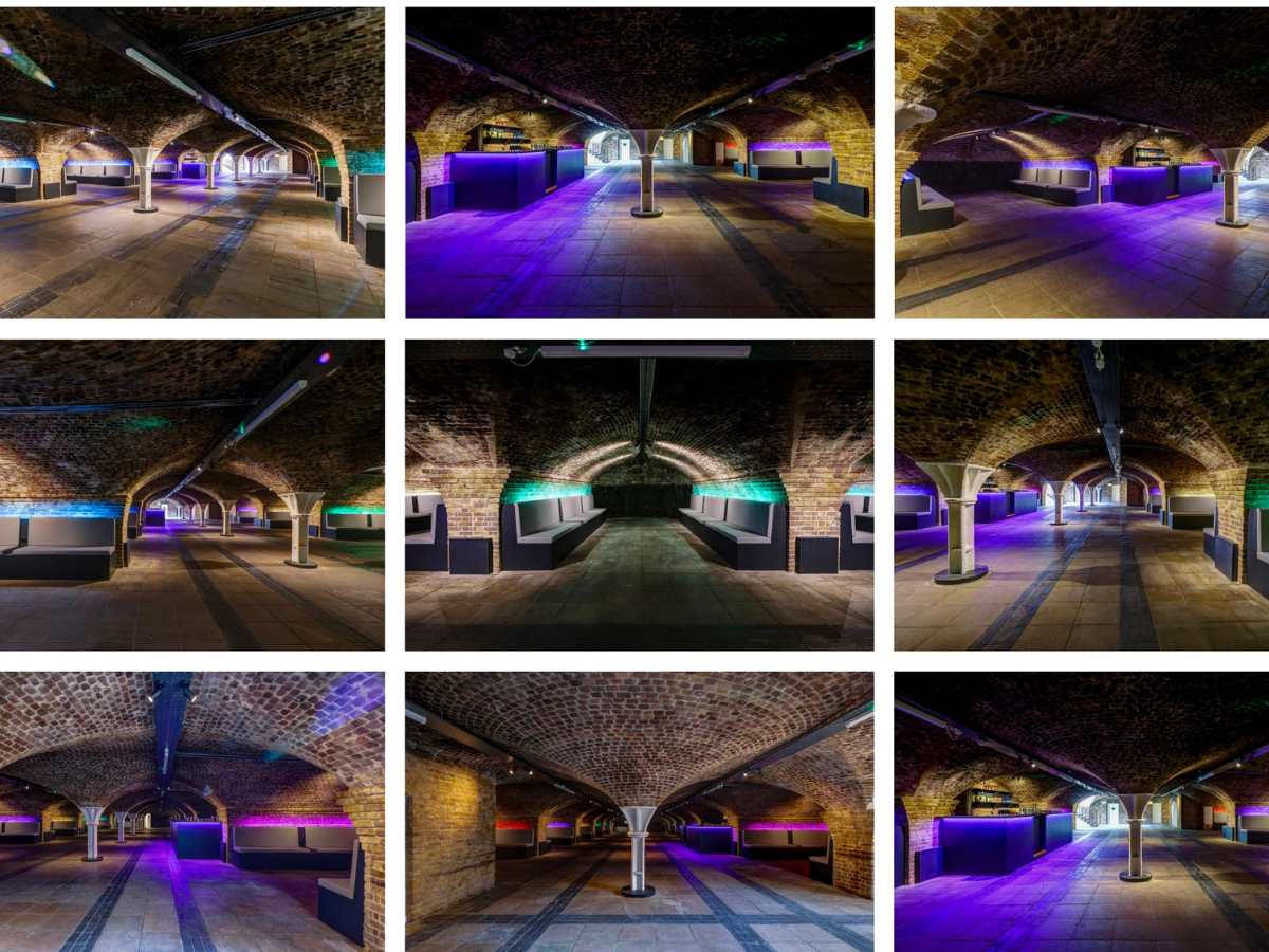 Dockside Vaults Unusual-London-wedding-venue A series of 9 pictures in a grid lit with purple light. It is an underground vault