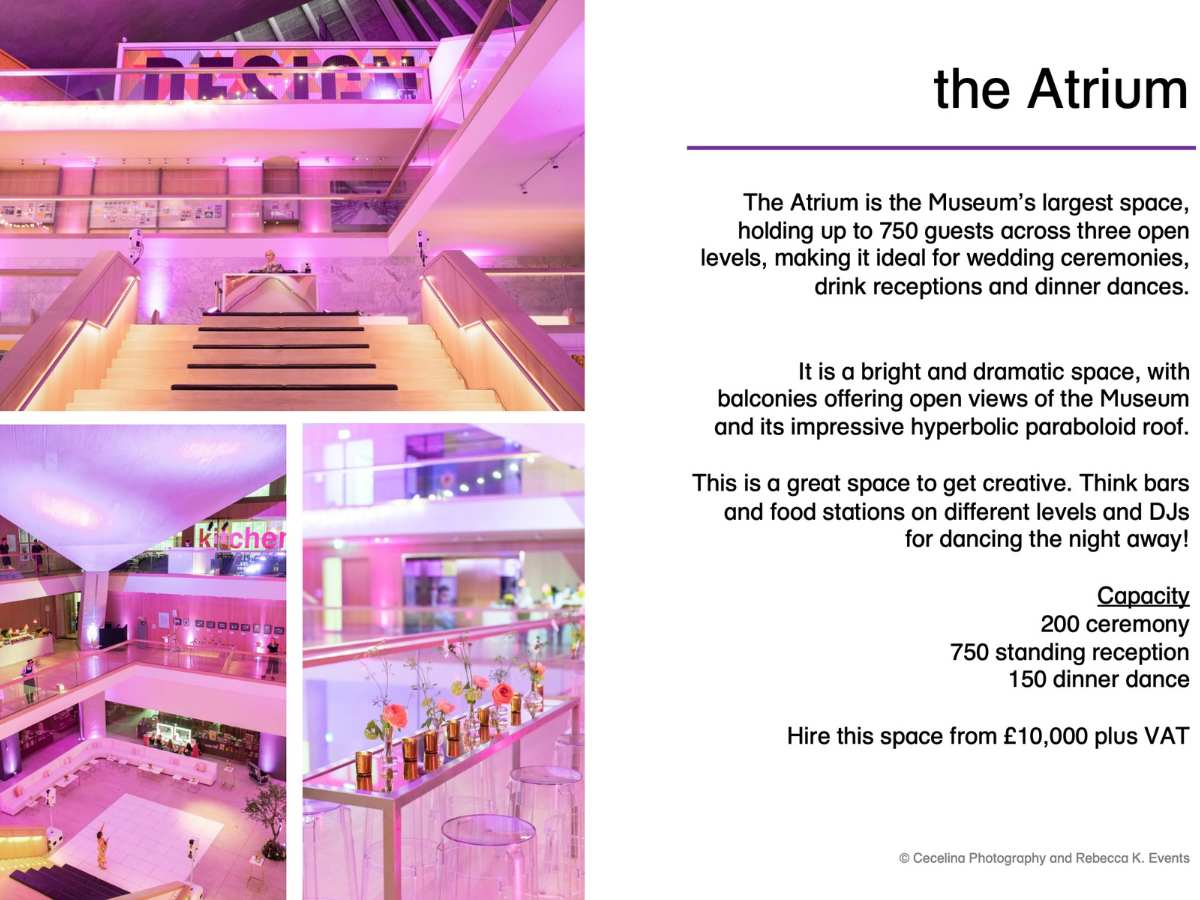 A screenshot of The london Design Museum's brochure for weddings. The left side of the image is lit with pinks and looks high end. The right side has the details of capacity and offers