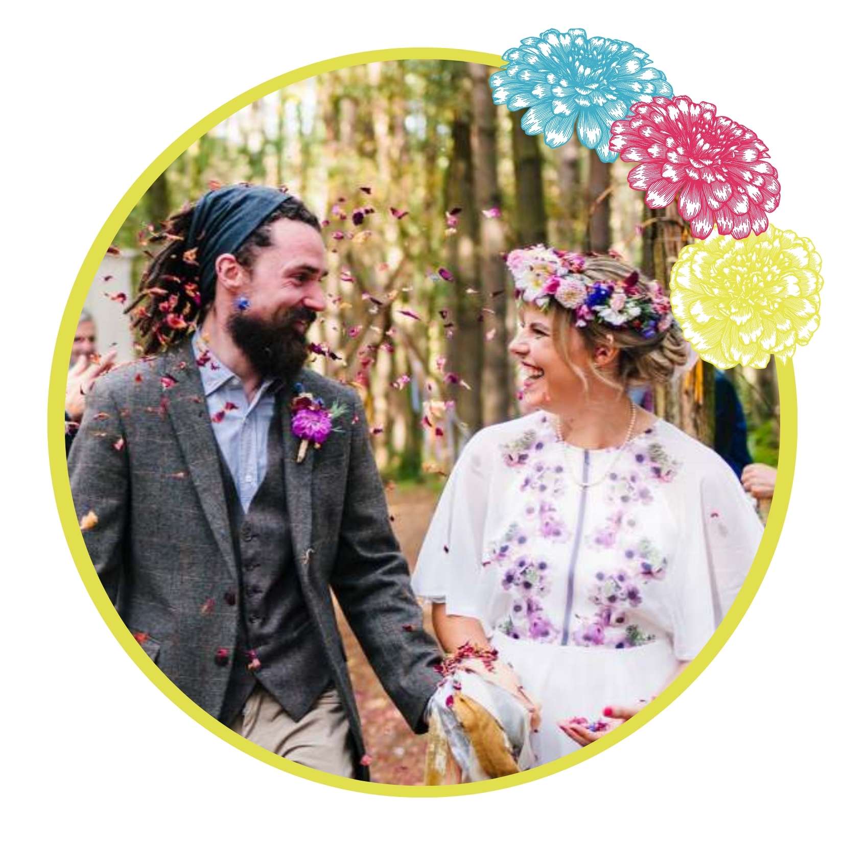 Woodland-wedding-couple-smiling Smiling heterosexual wedding couple, both white, the man has dark hair in threads and a bandana, she has an embroidered white dress with lilac flowers and a crown of flowers. The wedding is in a woodland