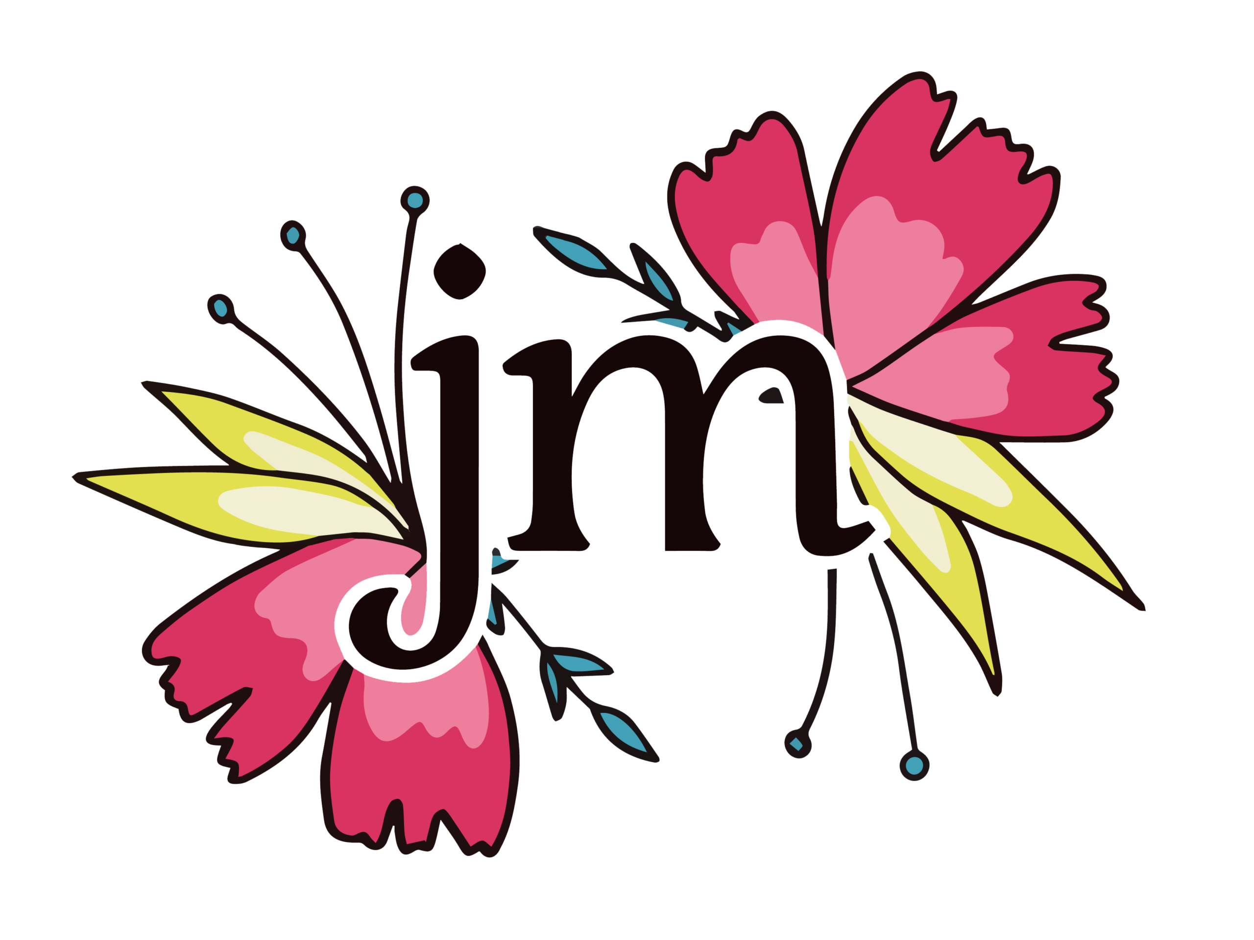 Jess May's logo...JM in black with flowers in green and pink shaped a bit like a butterfly