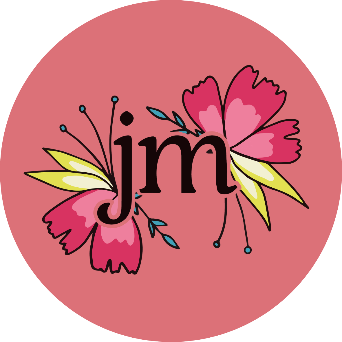 Wedding Celebrant London Jess May's logo. A lower case jm with two butterfly shaped flower and leaf shapes in pink and green.